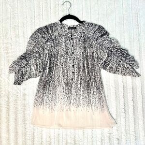 Gianetta Sheer Bishop Collar Blouse Champagne Black Vine Print; Women's S Small